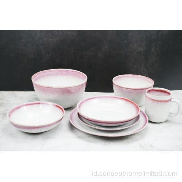 Dinner Stoneware Glazed Reaktif Set dengan Rim Merah Muda